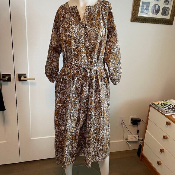 Anthropologie See U Soon 3/4 Slv Boat Nk Split V Cotton Floral Print Dress S/M - Picture 1 of 16